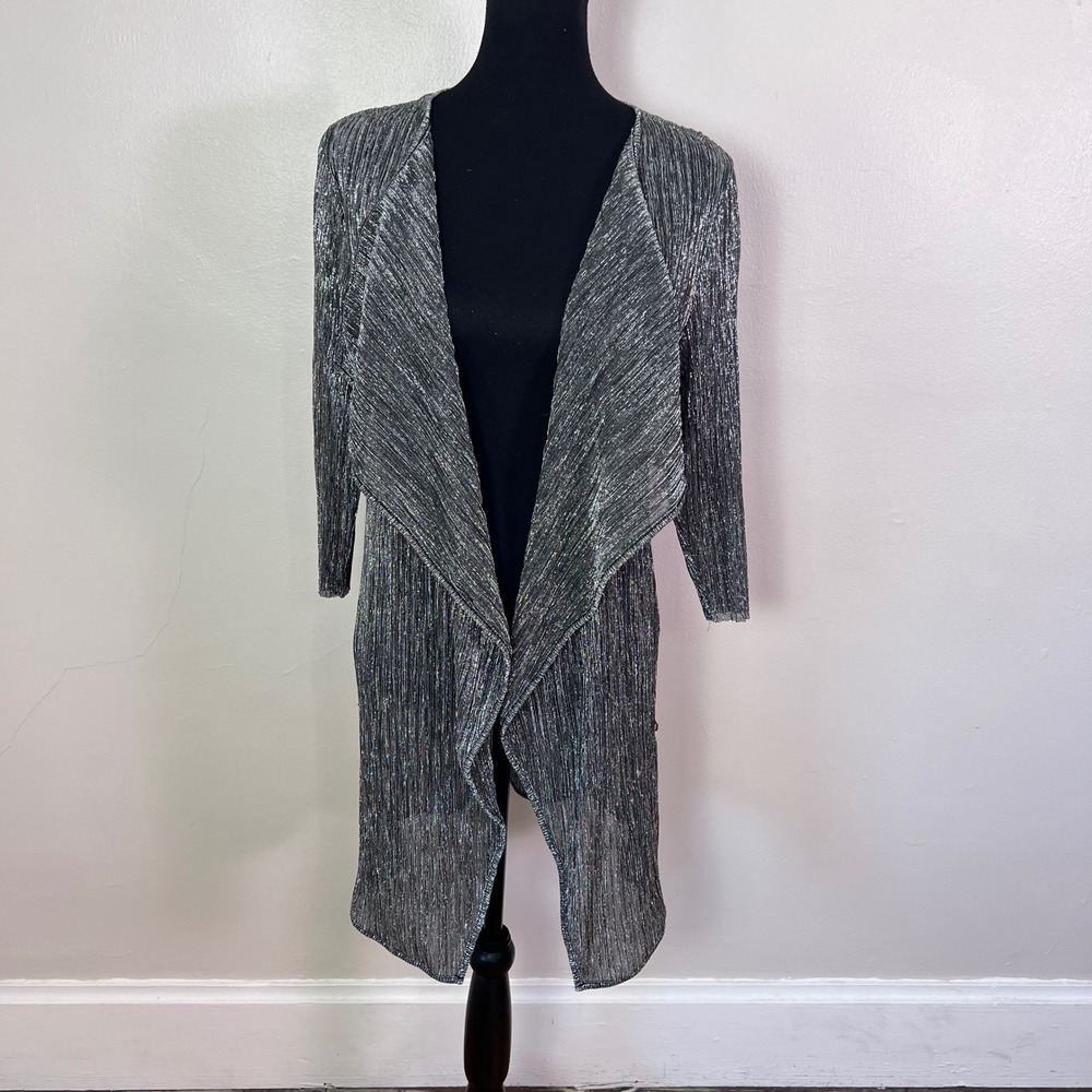 Christopher & Banks Metallic Plisse Cardigan PL Silver Draped Open Front Shimmer